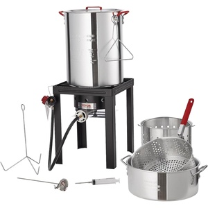 image:imageVEVOR 10 Qt Fish and Wing Fryer Aluminum Propane Fish Fryer Kit Outdoor Deep Fryer Seafood Pot with Thermometer Strainer Basket and 54000 BTUs Propane Burners for Outdoor and Backyard Cooking30qt  10qt