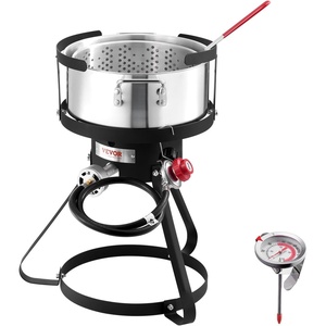 image:imageVEVOR 10 Qt Fish and Wing Fryer Aluminum Propane Fish Fryer Kit Outdoor Deep Fryer Seafood Pot with Thermometer Strainer Basket and 54000 BTUs Propane Burners for Outdoor and Backyard Cooking10qt