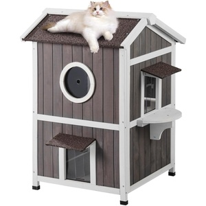 image:imageVEVOR Heated Outdoor Cat House Insulated Wooden Cat House for Cats Waterproof Feral Kitty Shelter with Heating Pad PVC Flap Door amp Openable Asphalt Roof for 13 Cats in Winter 34 x 21 x 27 in2story Wooden House