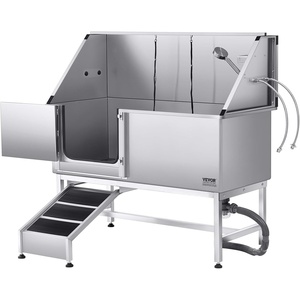 image:imageVEVOR Stainless Steel Dog Washing Station 62 inch Pet Grooming Tub wStairs PE Water Filter Board Faucet amp Showerhead amp Soap Holder Dog Bathtub for Large amp Medium amp Small Pets Right DoorLeft RAMP