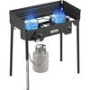 image:imageVEVOR 2 Burner Outdoor Propane Gas Stove 150000 BTU Propane LPG Gas Camping Stove Heavyduty Carbon Steel Outdoor Cooker with 2 Wheels amp 20 PSI Regulator amp Hose for BBQ Camp Home Patio BackyardBlack