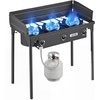 image:imageVEVOR 2 Burner Outdoor Propane Gas Stove 150000 BTU Propane LPG Gas Camping Stove Heavyduty Carbon Steel Outdoor Cooker with 2 Wheels amp 20 PSI Regulator amp Hose for BBQ Camp Home Patio BackyardBlack