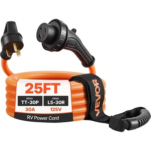 image:imageVEVOR 30 Amp 25 Feet RV Power Cord 125V 3750W Heavy Duty 103 Gauge STW Generator Cord NEMA TT30P to NEMA L530R with Twist Lock Indicator Light Grip Handle 15A Adapter for RV Trailer Orange