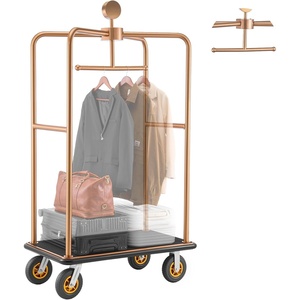 image:imageVEVOR Hotel Luggage Cart 1200 lbs Heavy Duty Bellman Cart with Stainless Steel Frame 8 in Rubber Wheels Black Carpeted Deck Commercial Luggage Carrier Rolling Trolley for HotelsResorts Rose Gold425x256x772in