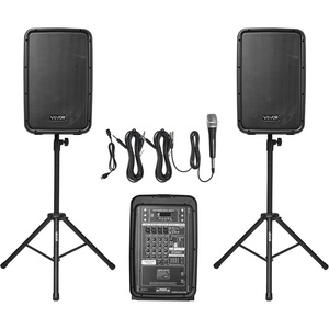 image:imageVEVOR Portable PA System with Microphone 300W Powered Sound System with 8 Channel Mixer Dual 8 Speakers Wireless Bluetooth Compact Stands USB SD XLR RCA Inputs for DJs Events Indoor ampOutdoor300W