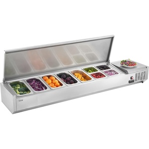 image:imageVEVOR Refrigerated Condiment Prep Station 140 W Countertop Refrigerated Condiment Station with Five 13 Pans amp Four 16 Pans 304 Stainless Body and PC Lid Sandwich Prep Table with Stainless GuardNew Stainless 71 in