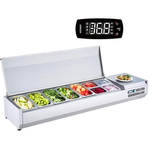 image:imageVEVOR Refrigerated Condiment Prep Station 140 W Countertop Refrigerated Condiment Station with Five 13 Pans amp Four 16 Pans 304 Stainless Body and PC Lid Sandwich Prep Table with Stainless GuardOriginal Stainless 71 in