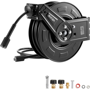 image:imageVEVOR Pressure Washer Hose Reel 60 ft x 14 inch Retractable Power HeavyDuty Steel Washer Hose Reel 4000PSI Max AutoRewinding Flexible WallFloor Mounted for Car WashingGardenFloor Cleaning60 ft x 14 inch  4000PSI