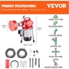image:imageVEVOR Drain Cleaner Machine 120FT x 58 Inch 370W Electric Sewer Snake Auger Manual Feed  with 2 Sectional Steel Cables120 x 58 and 23 x 38 7 Cutters and CWCCW Control for 16 to 4 Pipes120Ft x 58Inch  7 Cutters