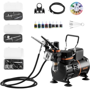 image:imageVEVOR Airbrush Kit 16 HP Air Brush Kit with Air Compressor and Tank 1 DualAction Professional Airbrush with 1 Tip Hose Acrylic Paint 2 Fans for Cake Decorating Model Painting Nail Art6 Colors Set