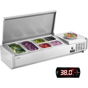 image:imageVEVOR Refrigerated Condiment Prep Station 130 W Countertop Refrigerated Condiment Station with Two 13 Pans amp Four 16 Pans 304 Stainless Body and PC Lid Sandwich Prep Table with Stainless Guard